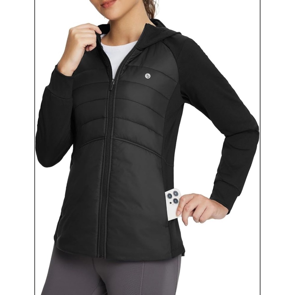 Baleaf Hybrid Puffer Jacket Women Large‎ Black Water Resistant Hooded Insulated